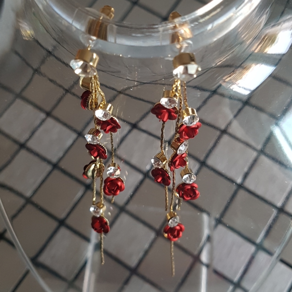 S925 Red Rose's Drop Earrings - Picture 3 of 7